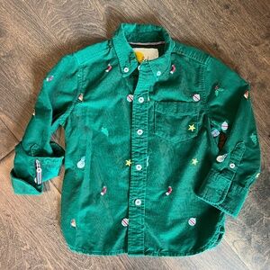Mini Boden Green Corduroy Christmas Embroidered Button Down Shirt